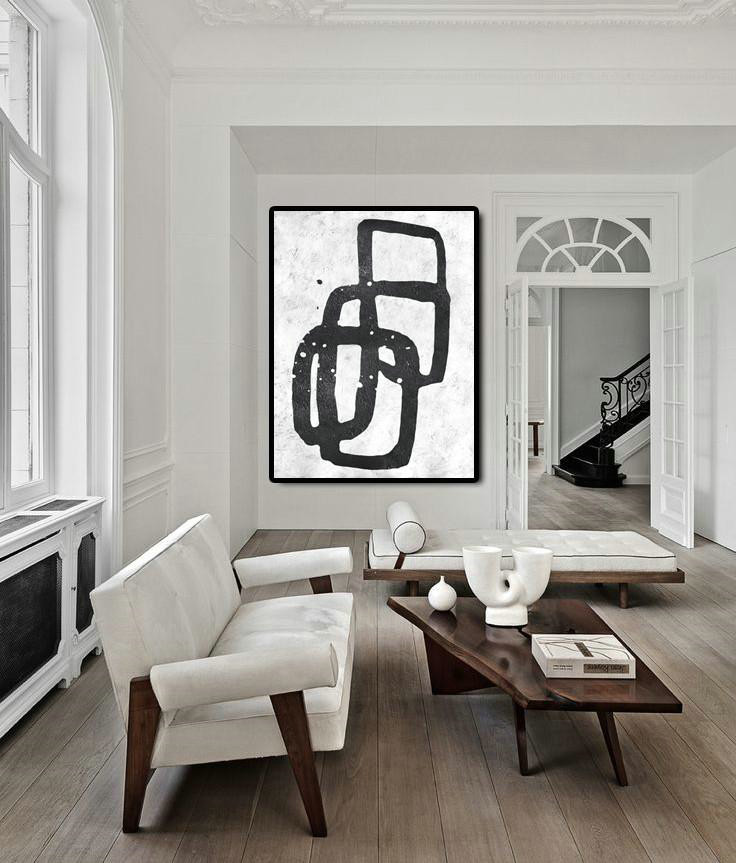 Modern Wall Art,Black And White Minimal Painting On Canvas - Modern Paintings